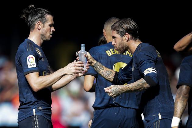 PONTEVEDRA, SPAIN - AUGUST 17: (L-R) Gareth Bale of Real Madrid, Sergio Ramos of Real Madrid during the La Liga Santander  match between Celta de Vigo v Real Madrid at the Estadio de Balaidos on August 17, 2019 in Pontevedra Spain (Photo by David S. Bustamante/Soccrates/Getty Images)