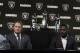 Oakland Raiders coach Jon Gruden, left and wide receiver Antonio Brown listen to media questions at an NFL football press conference on Wednesday, March 13, 2019, in Alameda, California. (AP Photo / Ben Margot)