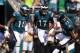 PHILADELPHIA, PA - SEPTEMBER 08: DeSean Jackson #10, Alshon Jeffery #17, and Carson Wentz #11 of the Philadelphia Eagles react against the Washington Redskins at Lincoln Financial Field on September 8, 2019 in Philadelphia, Pennsylvania. (Photo by Mitchell Leff/Getty Images)