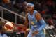 Chicago Sky guard Diamond DeShields (1) brings the ball up the court in the second half of a WNBA basketball game against the Atlanta Dream Tuesday, Aug. 20, 2019, in Atlanta. (AP Photo/John Bazemore)