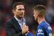 Chelsea's English head coach Frank Lampard (L) shakes hands with Chelsea's English midfielder Mason Mount (R) on the pitch at the final whistle in the English Premier League football match between Manchester United and Chelsea at Old Trafford in Manchester, north west England, on August 11, 2019. - Manchester United won the game 4-0. (Photo by Oli SCARFF / AFP) / RESTRICTED TO EDITORIAL USE. No use with unauthorized audio, video, data, fixture lists, club/league logos or 'live' services. Online in-match use limited to 120 images. An additional 40 images may be used in extra time. No video emulation. Social media in-match use limited to 120 images. An additional 40 images may be used in extra time. No use in betting publications, games or single club/league/player publications. / (Photo credit should read OLI SCARFF/AFP/Getty Images)