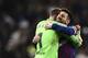 Barcelona's Argentinian forward Lionel Messi celebrates their win with Barcelona's German goalkeeper Marc-Andre Ter Stegen at the end of the Spanish Copa del Rey (King's Cup) semi-final second leg football match between Real Madrid and Barcelona at the Santiago Bernabeu stadium in Madrid on February 27, 2019. (Photo by OSCAR DEL POZO / AFP) (Photo credit should read OSCAR DEL POZO/AFP/Getty Images)