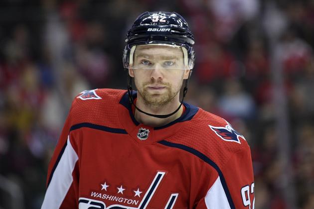 Washington Capitals center Evgeny Kuznetsov (92), of Russia, stands on the ice during the first period of an NHL hockey game against the Minnesota Wild, Friday, March 22, 2019, in Washington. (AP Photo/Nick Wass)