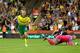 NORWICH, ENGLAND - SEPTEMBER 14: Teemu Pukki of Norwich City celebrates after scoring his team's third goal during the Premier League match between Norwich City and Manchester City at Carrow Road on September 14, 2019 in Norwich, United Kingdom. (Photo by Marc Atkins/Getty Images)