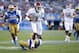 LOS ANGELES, CALIFORNIA - SEPTEMBER 14: Jalen Hurts #1 of the Oklahoma Sooners runs over Stephan Blaylock #4 of the UCLA Bruins during the first half of a game on at the Rose Bowl on September 14, 2019 in Los Angeles, California. (Photo by Sean M. Haffey/Getty Images)
