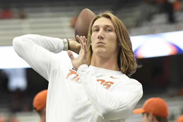 Clemson's quarterback Trevor Lawrence warms up at the Carrier Dome against Syracuse during the NCAA college football game Saturday, Sept. 14, 2019, in Syracuse, N.Y. (AP Photo/Steve Jacobs)