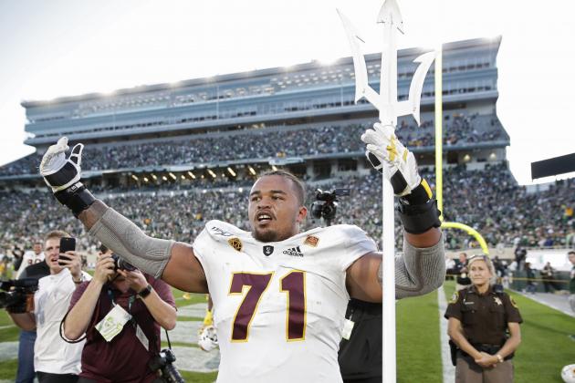 EAST LANSING, MI - SEPTEMBER 14: Steven Miller #71 of the Arizona State Sun Devils celebrates after the game against the Michigan State Spartans at Spartan Stadium on September 14, 2019 in East Lansing, Michigan. Arizona State defeated Michigan State 10-7. (Photo by Joe Robbins/Getty Images)