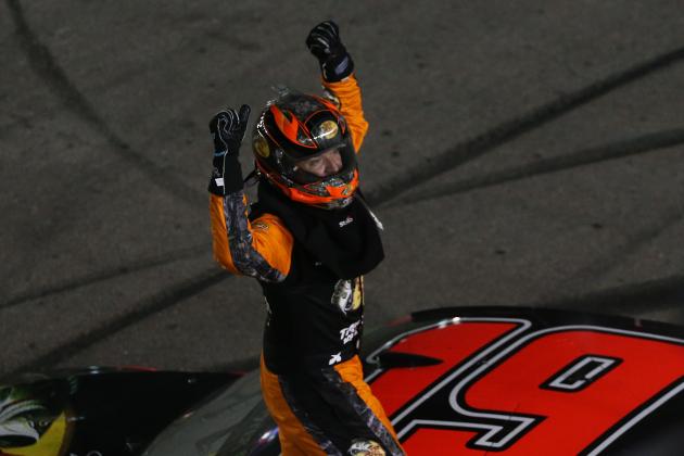 LAS VEGAS, NEVADA - SEPTEMBER 15: Martin Truex Jr., driver of the #19 Bass Pro Shops Toyota, celebrates after winning the Monster Energy NASCAR Cup Series South Point 400 at Las Vegas Motor Speedway on September 15, 2019 in Las Vegas, Nevada. (Photo by Matt Sullivan/Getty Images)