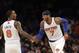 New York Knicks guard J.R. Smith (8), who scored 18 points, congratulates forward Carmelo Anthony (7) after Anthony hit a three-point shot in the second half of an NBA basketball game at Madison Square Garden in New York, Sunday, Jan. 27, 2013. Anthony scored 42 points, including nine three-point shots as the Knicks defeated the Hawks 106-104. (AP Photo/Kathy Willens)