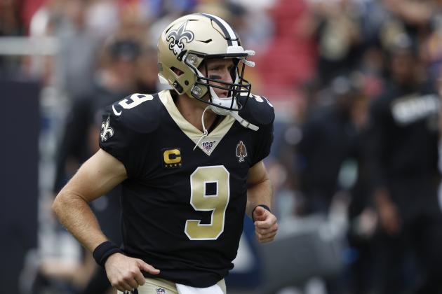 LOS ANGELES, CALIFORNIA - SEPTEMBER 15:  Drew Brees #9 of the New Orleans Saints enters the field prior to a game against the Los Angeles Rams at Los Angeles Memorial Coliseum on September 15, 2019 in Los Angeles, California. (Photo by Sean M. Haffey/Getty Images)