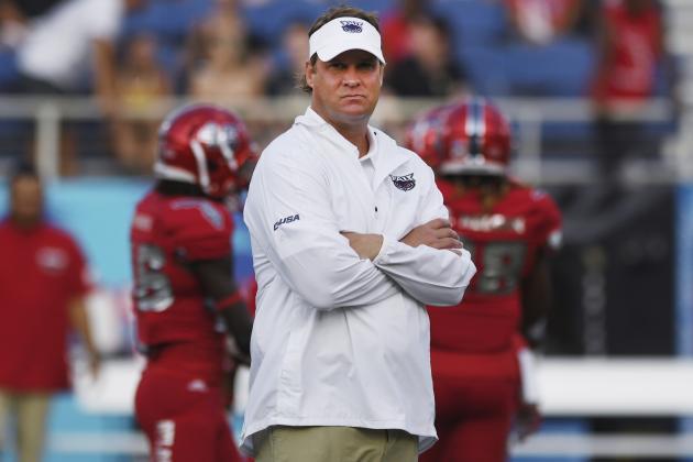 Florida Atlantic coach Lane Kiffin looks over his team before an NCAA college football game against UCF on Saturday, Sept. 7, 2019, in Boca Raton, Fla. (AP Photo/Jim Rassol)