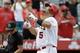 Los Angeles Angels designated hitter Albert Pujols points to the sky after hitting a three-run home run against the Tampa Bay Rays during the fifth inning of a baseball game in Anaheim, Calif., Sunday, Sept. 15, 2019. (AP Photo/Alex Gallardo)