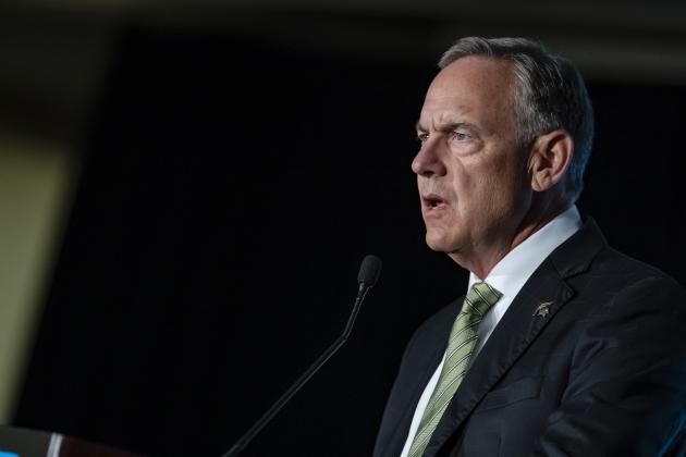 CHICAGO, IL - JUL 18: Michigan State Spartans head coach Mark Dantonio is seen at Big Ten football media days on July 18, 2019 in Chicago, Illinois. (Photo by Michael Hickey/Getty Images)