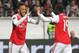 Arsenal's Gabonese striker Pierre-Emerick Aubameyang (L) celebrates scoring the 0-3 with his team-mate French-born Ivorian midfielder Nicolas Pepe during the UEFA Europa League Group F football match Eintracht Frankfurt v Arsenal in Frankfurt am Main, western Germany, on September 19, 2019. (Photo by Daniel ROLAND / AFP) (Photo credit should read DANIEL ROLAND/AFP/Getty Images)