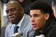 LOS ANGELES, CA - JUNE 23: Lonzo Ball and Magic Johnson, president of basketball operations, of the Los Angeles Lakers talk to the media during a press conference on June 23, 2017 at the team training faculity in Los Angeles, California. (Photo by Jayne Kamin-Oncea/Getty Images)
