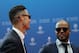 Portuguese forward Cristiano Ronaldo (L) greets retired French defender Patrice Evra as he arrives prior to the UEFA Champions League football group stage draw ceremony in Monaco on August 29, 2019. (Photo by Valery HACHE / AFP) (Photo credit should read VALERY HACHE/AFP/Getty Images)