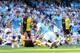 MANCHESTER, ENGLAND - SEPTEMBER 21: Bernardo Silva of Manchester City scores his team's fourth goal during the Premier League match between Manchester City and Watford FC at Etihad Stadium on September 21, 2019 in Manchester, United Kingdom. (Photo by Alex Livesey/Getty Images)