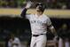 New York Yankees' Gleyber Torres celebrates after hitting a home run off Oakland Athletics' Tanner Roark during the seventh inning of a baseball game Thursday, Aug. 22, 2019, in Oakland, Calif. (AP Photo/Ben Margot)