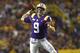 LSU quarterback Joe Burrow (9) throws in the first half of an NCAA college football game against Northwestern State, Saturday, Sept. 14, 2019, in Baton Rouge, La. (AP Photo/Patrick Dennis)