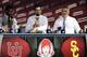 Former Southern California players Reggie Bush, left, and Matt Leinart and former Ohio State head coach Urban Meyer rehearse for a pregame at an NCAA college football game between Southern California and Utah on Friday, Sept. 20, 2019, in Los Angeles. (AP Photo/Marcio Jose Sanchez)