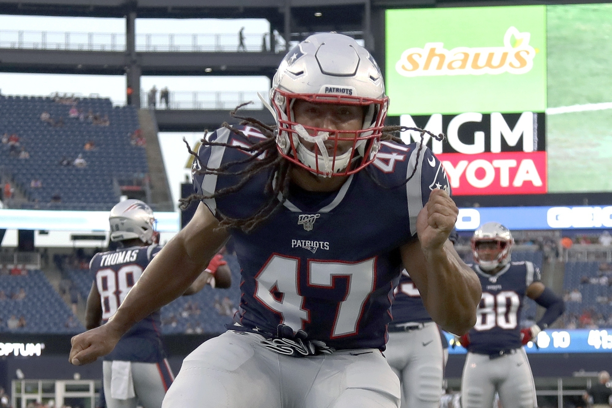 New England Patriots running back Jakob Johnson (47) runs off the field  following an NFL football game against the Tennessee Titans, Sunday, Nov.  28, 2021, in Foxborough, Mass. (AP Photo/Stew Milne Stock