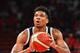 SHENZHEN, CHINA - SEPTEMBER 9: Giannis Antetokounmpo #34 of Team Greece shoots the ball against Team Czech Republic during the FIBA World Cup on September 9, 2019 at the Shenzhen Bay Sports Center in Shenzhen, China. NOTE TO USER: User expressly acknowledges and agrees that, by downloading and/or using this photograph, user is consenting to the terms and conditions of the Getty Images License Agreement. Mandatory Copyright Notice: Copyright 2019 NBAE (Photo by Jesse D. Garrabrant/NBAE via Getty Images)