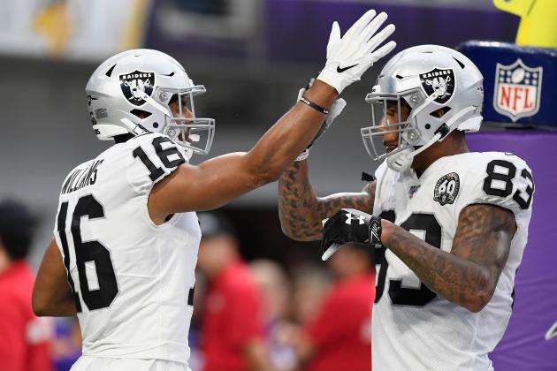 MINNEAPOLIS, MINNESOTA - SEPTEMBER 22: Tyler Conklin #83 of the Minnesota Vikings congratulates teammate Tyrell Williams #16 on Williams' touchdown against the Minnesota Vikings in the fourth quarter of the game at U.S. Bank Stadium on September 22, 2019 in Minneapolis, Minnesota. The Vikings defeated the Raiders 34-14. (Photo by Hannah Foslien/Getty Images)