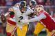SANTA CLARA, CALIFORNIA - SEPTEMBER 22: Mason Rudolph #2 of the Pittsburgh Steelers fights off the tackle of Arik Armstead #91 of the San Francisco 49ers during the fourth quarter of an NFL football game at Levi's Stadium on September 22, 2019 in Santa Clara, California. The 49ers won the game 24-20. (Photo by Thearon W. Henderson/Getty Images)