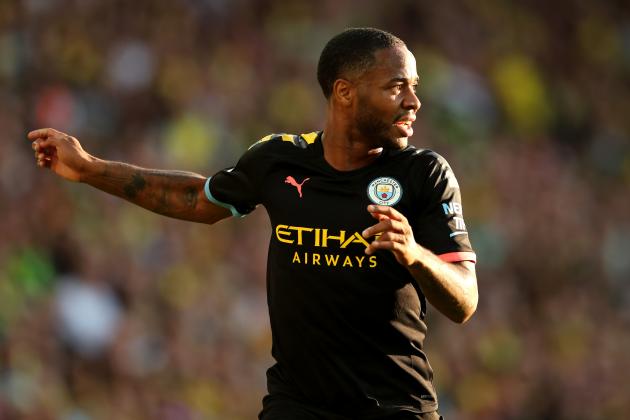 NORWICH, ENGLAND - SEPTEMBER 14: Raheem Sterling of Manchester City during the Premier League match between Norwich City and Manchester City at Carrow Road on September 14, 2019 in Norwich, United Kingdom. (Photo by Marc Atkins/Getty Images)