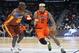 NEW ORLEANS, LOUISIANA - AUGUST 25: Andre Emmett #2 of 3's Company dribbles the ball as Dion Glover #00 of Bivouac defends during the BIG3 Playoffs at Smoothie King Center on August 25, 2019 in New Orleans, Louisiana. (Photo by Chris Graythen/BIG3 via Getty Images)