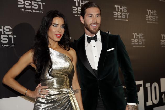 Real Madrid's Sergio Ramos arrives with his partner Pilar Rubio to attend the Best FIFA soccer awards, in Milan's La Scala theater, northern Italy, Monday, Sept. 23, 2019. Netherlands defender Virgil van Dijk is up against five-time winners Cristiano Ronaldo and Lionel Messi for the FIFA best player award and United States forward Megan Rapinoe is the favorite for the women's award. (AP Photo/Luca Bruno)