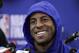Golden State Warriors' Andre Iguodala smiles as he answers questions after an NBA basketball practice, Wednesday, May 30, 2018, in Oakland, Calif. The Warriors face the Cleveland Cavaliers in Game 1 of the NBA Finals on Thursday in Oakland. (AP Photo/Marcio Jose Sanchez)