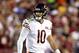 LANDOVER, MARYLAND - SEPTEMBER 23: Mitchell Trubisky #10 of the Chicago Bears reacts after failing to convert a third down during the first quarter against the Washington Redskins in the game at FedExField on September 23, 2019 in Landover, Maryland. (Photo by Rob Carr/Getty Images)