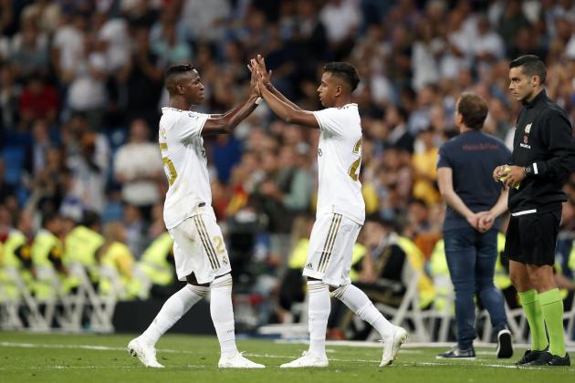 (L-R) Vinicius Junior of Real Madrid, Rodrygo of Real Madrid during the LaLiga Santander match between Real Madrid and CA Osasuna at the Santiago Bernabeu stadium on September 25, 2019 in Madrid, Spain(Photo by VI Images via Getty Images)