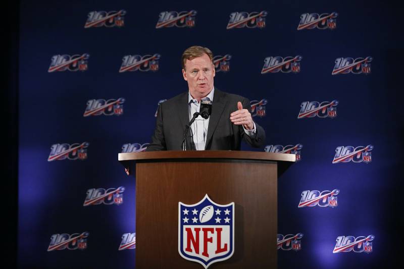 NFL Commissioner Roger Goodell speaks to the media during the NFL football owners meeting on Wednesday, May 22, 2019, in Key Biscayne, Fla. (AP Photo/Brynn Anderson)
