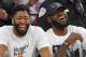 LAS VEGAS, NEVADA - SEPTEMBER 24: Anthony Davis (L) and LeBron James of the Los Angeles Lakers laugh while attending Game Four of the 2019 WNBA Playoff semifinals between the Washington Mystics and the Las Vegas Aces at the Mandalay Bay Events Center on September 24, 2019 in Las Vegas, Nevada. The Mystics defeated the Aces 94-90 and won the series 3-1. NOTE TO USER: User expressly acknowledges and agrees that, by downloading and or using this photograph, User is consenting to the terms and conditions of the Getty Images License Agreement. (Photo by Ethan Miller/Getty Images)