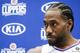 Los Angeles Clippers forwards Kawhi Leonard attends the NBA basketball team's media day in Los Angeles Sunday, Sept. 29, 2019. (AP Photo/Ringo H.W. Chiu)