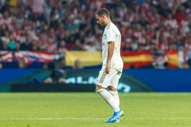 MADRID, SPAIN - SEPTEMBER 28: Eden Hazard of Real Madrid looks dejected during the Liga match between Club Atletico de Madrid and Real Madrid CF at Wanda Metropolitano on September 28, 2019 in Madrid, Spain. (Photo by TF-Images/Getty Images)