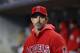 Los Angeles Angels manager Brad Ausmus watches the sixth inning of the team's baseball game against the Detroit Tigers in Detroit, Tuesday, May 7, 2019. (AP Photo/Paul Sancya)