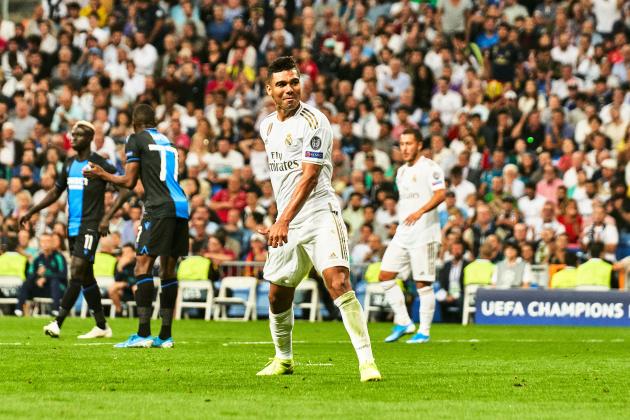 MADRID, SPAIN - OCTOBER 01: Casemiro of Real Madrid during the UEFA Champions League group A match between Real Madrid and Club Brugge KV at at the Santiago Bernabeu stadium on October 01, 2019 in Madrid, Spain. (Photo by Sonia Canada/Getty Images)