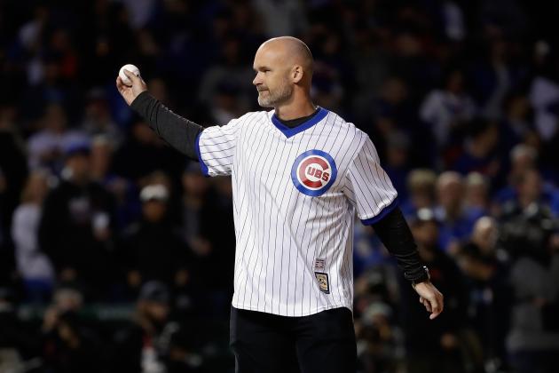 CHICAGO, IL - OCTOBER 19:  Former Chicago Cubs player David Ross throws out a ceremonial first pitch before game five of the National League Championship Series between the Los Angeles Dodgers and the Chicago Cubs at Wrigley Field on October 19, 2017 in Chicago, Illinois.  (Photo by Jamie Squire/Getty Images)