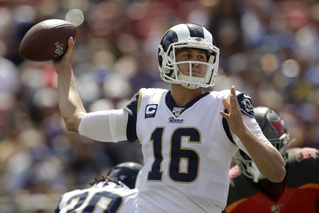 Los Angeles Rams quarterback Jared Goff passes against the Tampa Bay Buccaneers during the first of an NFL football game Sunday, Sept. 29, 2019, in Los Angeles. (AP Photo/Marcio Jose Sanchez)