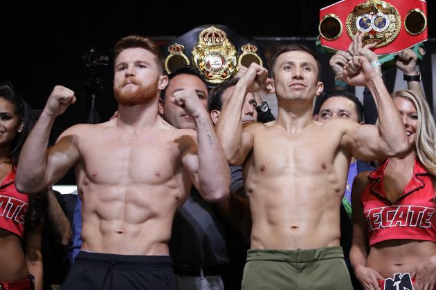 FILE - In this Sept. 15, 2017, file photo, Canelo Alvarez, left, and Gennady Golovkin pose during a weigh-in in Las Vegas. Golovkin's trainer says his fighter was insulted when Alvarez tested positive for a performance enhancing drug that caused their planned May middleweight title rematch to be postponed. (AP Photo/John Locher, File)