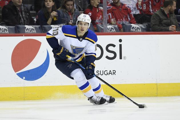 St. Louis Blues center Brayden Schenn (10) skates with the puck during the first period of an NHL hockey game against the Washington Capitals, Monday, Jan. 14, 2019, in Washington. (AP Photo/Nick Wass)