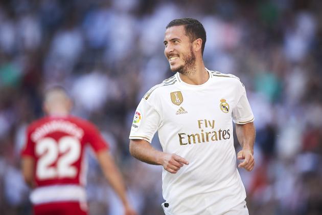 MADRID, SPAIN - OCTOBER 05: Eden Hazard of Real Madrid celebrates scoring his team's second goal during the Liga match between Real Madrid CF and Granada CF at Estadio Santiago Bernabeu on October 05, 2019 in Madrid, Spain. (Photo by Quality Sport Images/Getty Images)