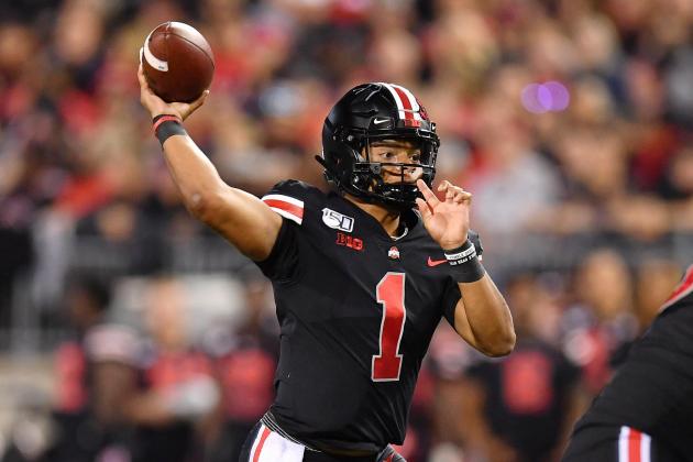 COLUMBUS, OH - OCTOBER 5:  Quarterback Justin Fields #1 of the Ohio State Buckeyes throws a 21-yard touchdown pass in the second quarter against the Michigan State Spartans at Ohio Stadium on October 5, 2019 in Columbus, Ohio.  (Photo by Jamie Sabau/Getty Images)