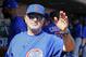 Chicago Cubs manager Joe Maddon (70) waves from the dugout prior to a baseball game against the St. Louis Cardinals Sunday, Sept. 29, 2019, in St. Louis. (AP Photo/Scott Kane)