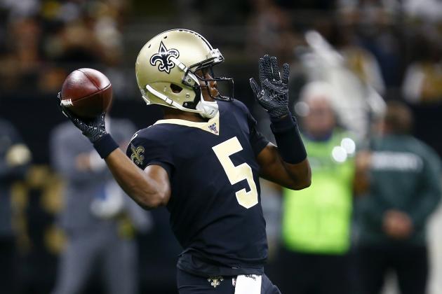 New Orleans Saints quarterback Teddy Bridgewater (5) throws in the first half of an NFL football game against the Tampa Bay Buccaneers in New Orleans, Sunday, Oct. 6, 2019. (AP Photo/Butch Dill)
