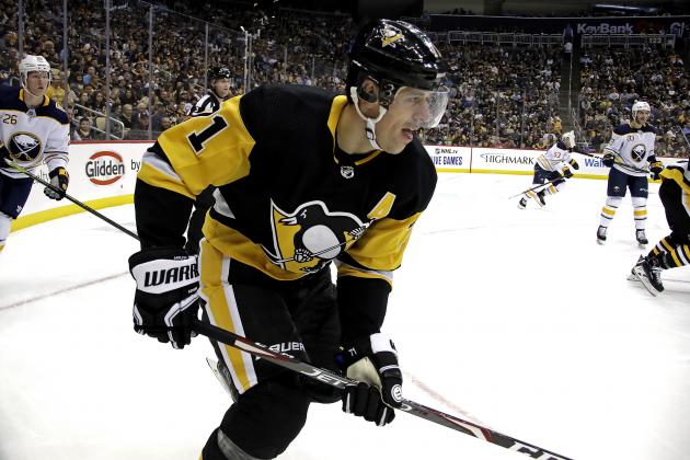 Pittsburgh Penguins' Evgeni Malkin (71) skates during the second period of an NHL hockey game against the Buffalo Sabres in Pittsburgh, Thursday, Oct. 3, 2019. The Sabres won 3-1. (AP Photo/Gene J. Puskar)