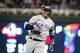New York Yankees' Gleyber Torres celebrates as he runs the bases after hitting a home run during the second inning in Game 3 of a baseball American League Division Series against the Minnesota Twins, Monday, Oct. 7, 2019, in Minneapolis. (AP Photo/Bruce Kluckhohn)